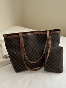 Dos piezas Bolso de tote de gran capacidad para mujer, bolso de hombro con contraste de color elegante de PU, adecuado para estudiantes universitarias, principiantes y trabajadores de cuello blanco, apropiado para la oficina, la universidad, el trabajo, los negocios, los desplazamientos, al aire libre, los viajes y las salidas