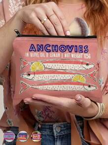Retro Sardines Cosmetic Pouch,Olive Oil And Lemon Design, Unisex Adult Polyester Mini Makeup Bag, Hypoallergenic Zippered Toiletry Case, Pink Zippered Cosmetic Bag, Multifunctional Snack, Stationery Or Gift, Tin Fish Print Accessory Clutch, Cosmetic Pouch For Girls Women, Makeup Bag, Toiletry Bag For Travel, School, And Commuting,Unisex Adult Portable Storage Bag
