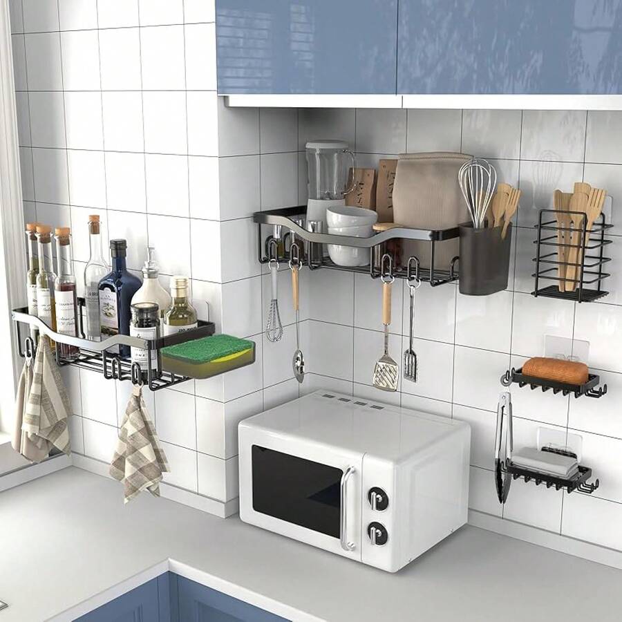 Shower Caddy Adhesive Shower Organizer 7-Pack, Rustproof Stainless Steel Bathroom Shelves, Large Capacity No-Drill Rack Storage Accessories With Soap Dish Toothbrush Holder &24 Hooks Home Decor - 黑色 - 查看 1
