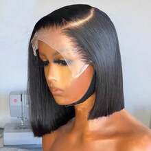 Perruque Bob courte et lisse 13x6 avec dentelle frontale en cheveux humains pour femmes, cheveux humains pré-épilés, fermeture droite, couleur naturelle, densité 180 %