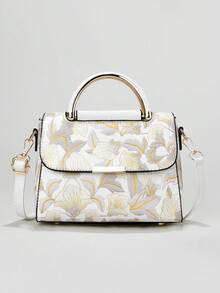 时尚全页印花女士单肩包，简约软皮翻盖方包，优雅花卉图案钱包，女士礼物，情人节甜美风包包 - 白色 - 查看 5