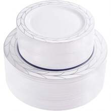 100 piezas Platos desechables de plástico blanco y dorado para fiestas, set de platos de plástico resistente con 50 platos de comida y 50 platos de ensalada para bodas - Plateado - Ver 1