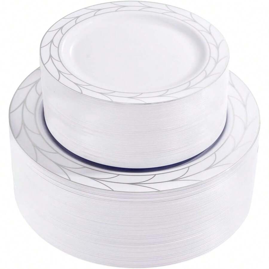100 piezas Platos desechables de plástico blanco y dorado para fiestas, set de platos de plástico resistente con 50 platos de comida y 50 platos de ensalada para bodas - Plateado - Ver 1