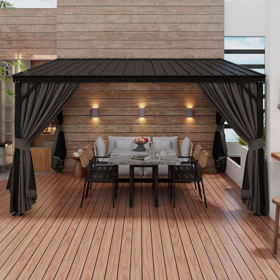 ECACAD Wall-Mounted Hardtop Gazebo With  Durable Aluminum Frame, Galvanized Steel Roof, Detachable Nylon Mosquito Netting, And Spun Polyester Curtains For Year-Round Comfort & Privacy - 10*12ft - 查看 1
