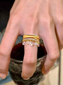 1 件多层时尚镀金戒指套装，带锆石水晶流苏，可调节开口戒指，适合婚礼、派对的珠宝 - 彩色 - 查看 4