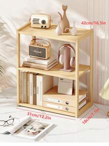 1pc Desktop Solid Wood Bookshelf, Office Storage Shelf, Solid Wood Simple Bookcase Wooden Storage Shelf, Suitable For Home Desk Storage