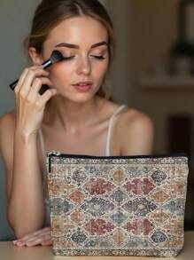 1pc Bohemian Style Linen Printed Cosmetic Bag, Cute Travel Makeup Case & Multipurpose Coin Purse, Lightweight Gift Essential For Women,For Holiday Beach, Bathroom Collection, Bedroom Collection, Large Capacity