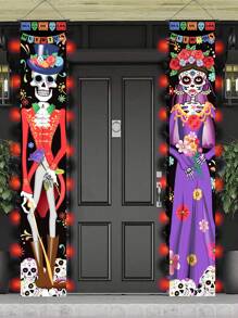 2pcs/Set Mexican Style Skull Hanging Flags, Hanging Banner Cloth, Door Curtain Couplet For Day Of The Dead Halloween Party Porch Decorations, Dia De Muertos Decoration,Store And Hotel Flag Door Decorations, Family Gather Festival Party Background Decoration Supplies,Halloween Decor,Family Holiday Atmosphere Decoration,Indoor/Outdoor Decorations