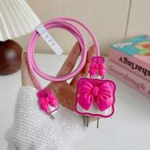 5pcs Apple 20W Charger Protector Case Set, With 3D Cute Pink Bow Charging Head And Phone Cable Protective Case Cover Compatible With IPhone 16/15/14/13 Cable Protector - Hot Pink - View 6