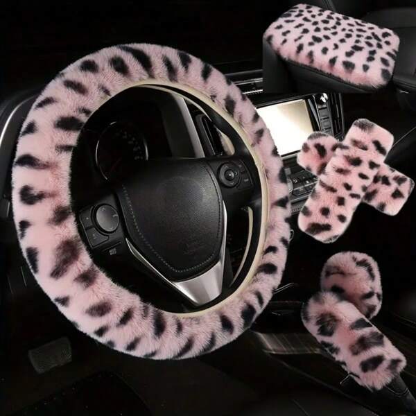 6pcs/Set New Winter Plush Leopard Print Car Steering Wheel Cover, 3 PiecesWarm & Furry Steering Wheel Wrap Set For Men & Women