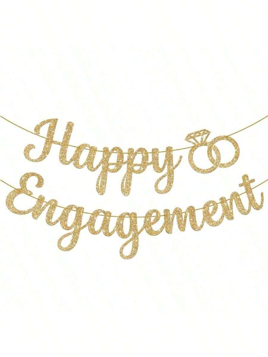 1 Set Engagement Party Decoration Banner, Gold & Rose Gold "Happy Engagement" Celebration Banner, Bachelorette Party Banner, Bride & Groom Engagement Party Supplies - Gold - View 1