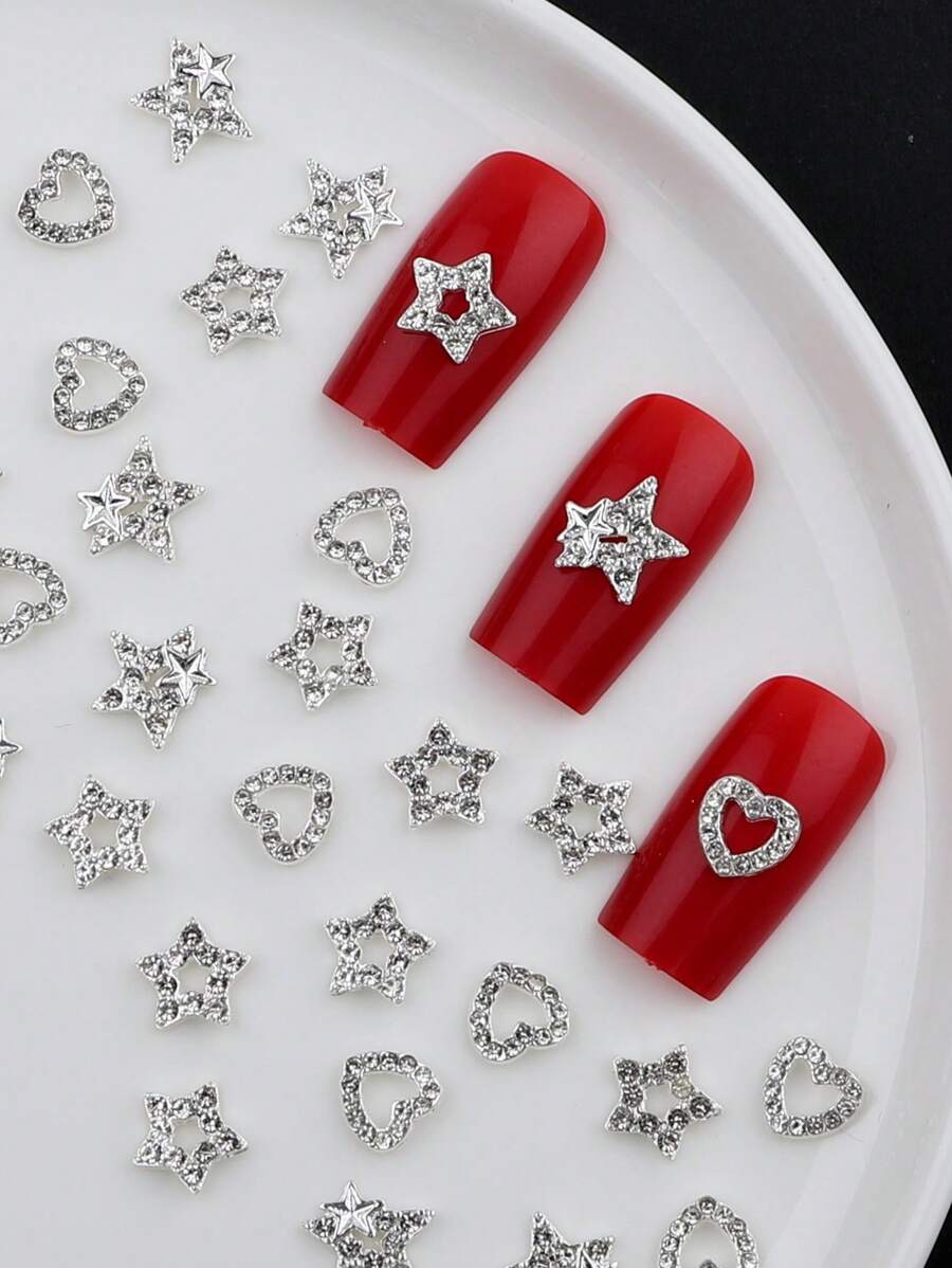 Set di 30 pezzi di charms per unghie in argento, set bulk con charms a forma di stella, charms in lega simpatici e luccicanti, charms 3D Y2K per unghie con strass, accessori per la arte di unghie