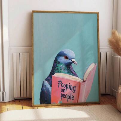 1pc Unframed/Framed Pigeon Reading Pooping On People Book Funny Wall Art Canvas Poster Print Humorous Bird Animal Bathroom Decor Painting For Toilet,Apartment,Living Room,Bedroom,Modern Home Decoration