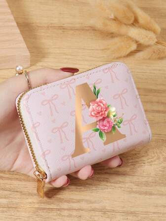 爱心图案字母花朵图案多功能零钱包、卡夹、多卡位卡片收纳盒，用于存储信用卡、轻巧简约、时尚、现代、商务、周年纪念、圣诞节、情人节、生日礼物、礼物、爱人、女士、女孩、女士、女式、学校宿舍和返校用书包