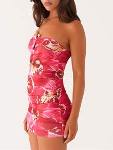 Womens Boho Floral Tube Strapless Mini Bodycon Dress Y2k Ruched Backless Ruffle Bandeau Short Dresses Summer Club Party Night Sundress - Hot Pink - View 2