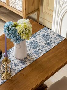 1 Peça Caminho de Mesa Retangular Estilo Boêmio com Padrão Floral Azul Vintage, Decoração de Tapete Lavável para Aparador, Buffet, Adequado para Festas, Piqueniques, Feriados, Interno ou Externo