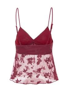 Women's Summer Cami Tops Sleeveless V Neck Floral Embroidery Mesh Camisole Lace Trim Tank Tops - Màu Đỏ Sâu - Xem 2