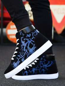 Los hombres de la moda personalizada vamp patrón de punta redonda de encaje hasta zapatos de lona de alta parte superior, tenis para hombre, pisos transpirables casuales y confortables, botas altas de los hombres, adecuados para el otoño y el invierno de excursión, viajes, desplazamientos diarios, danza de la calle, citas, caminar, ir de compras y el uso diario. - azul oscuro - Ver 4