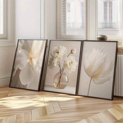 3pcs/Set Modern Art Wooden Framed Canvas Posters, Elegant Simple White Peony Flowers Neutral Modern Wall Art, Beige Botanical Floral Prints, For Living Room, Bedroom, Kitchen, Dining Room, Classroom Decor, Office,Wall Art, Wall Decoration, Room Decoration, Perfect Gift For Art Lovers & Home Decor Enthusiasts, Optional Frame ,Wall Art With Frame