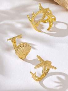 3pcs Metal Ocean Series Rings - 3D Starfish & Shell Adjustable Rings Set, Suitable For Party, Dating, Vacation, Gifts For Girlfriend - Gold - View 5
