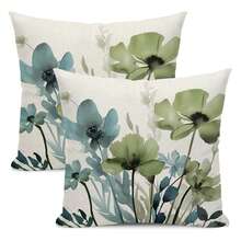 2件套春季花卉抱枕套，鼠尾草绿和蓝色花卉图案，户外乡村夏季花卉装饰抱枕套，农舍风格沙发套，单面设计，不含枕芯 - 藍綠色 - 查看 1