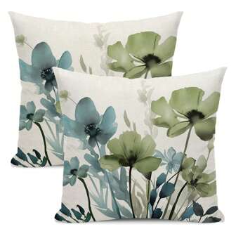 2件套春季花卉抱枕套，鼠尾草绿和蓝色花卉图案，户外乡村夏季花卉装饰抱枕套，农舍风格沙发套，单面设计，不含枕芯