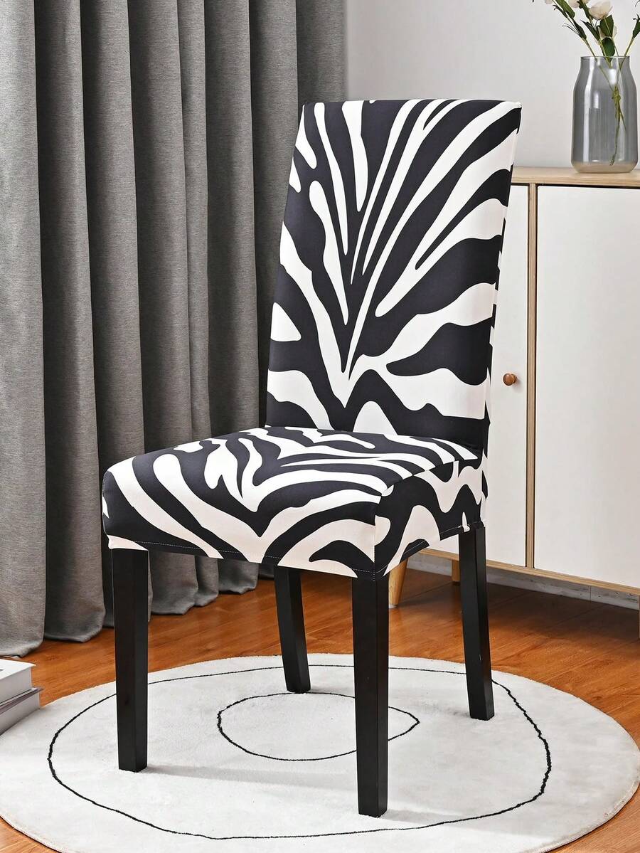 1pc/4pcs/6pcs Printed Tiger Stripe Chair Covers, Elastic Minimalist Solid Color Dustproof Chair Slipcovers, Suitable For Office Chairs - Black and White - View 1
