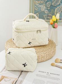 1Pc Bow Embroidered Cosmetic Bag Fashionable Large Capacity Quilted Makeup Bag Sets Travel Cosmetic Bag With Handle Lightweight Fluffy Filling Toiletries Bag For Travel Storage,Daily Use