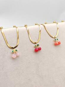 1pc Stainless Steel Cherry Design Zirconia Inlay Necklace, Elegant Minimalist Versatile Women Jewelry Gift