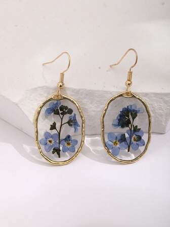 1 Pair Blue Forget-Me-Not Flower Resin Drop Earrings, Suitable For Women's Daily Wear