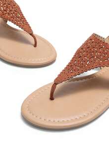 Women's Gladiator Flat Sandals Rhinestone Cutout Design Summer Vacation Beach Dressy Ankle Strap T-Strap Thong Sandals Shoes - màu nâu - Xem 3