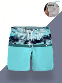 Shorts de verano para hombre con estampado impreso, cintura con cordón, bolsillo en ángulo, de secado rápido de doble capa con forro de malla, estampado colorblock 3D de gaviota, casual y de playa de longitud a la rodilla para vacaciones
