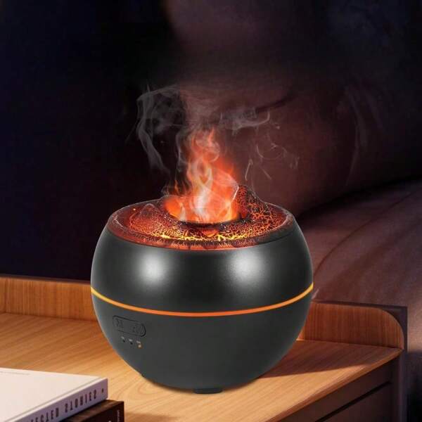 1 Stück schwarzer Luftbefeuchter, Flammen-Aromatherapie-Diffusor. Der Luftbefeuchter verfügt über 3 Zeitmodi und 7 Farben. Ausgestattet mit einem 360-ml-Wassertank wird die Stromzufuhr automatisch unterbrochen, wenn kein Wasser mehr vorhanden ist. Luftbefeuchter für Zuhause, Büro, Schlafzimmer, Zimmer (schwarz)