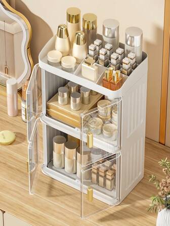 1 pièce Grande armoire de rangement pour le maquillage (crème/blanc) | Style moderne minimaliste à plusieurs couches avec porte magnétique coulissante. Organisateur de table de maquillage pour produits de soins de la peau, anti-poussière et anti-humidité. Présentoir acrylique transparent pour le comptoir de la salle de bain | Boîte de rangement multifonctionnelle de bureau à domicile