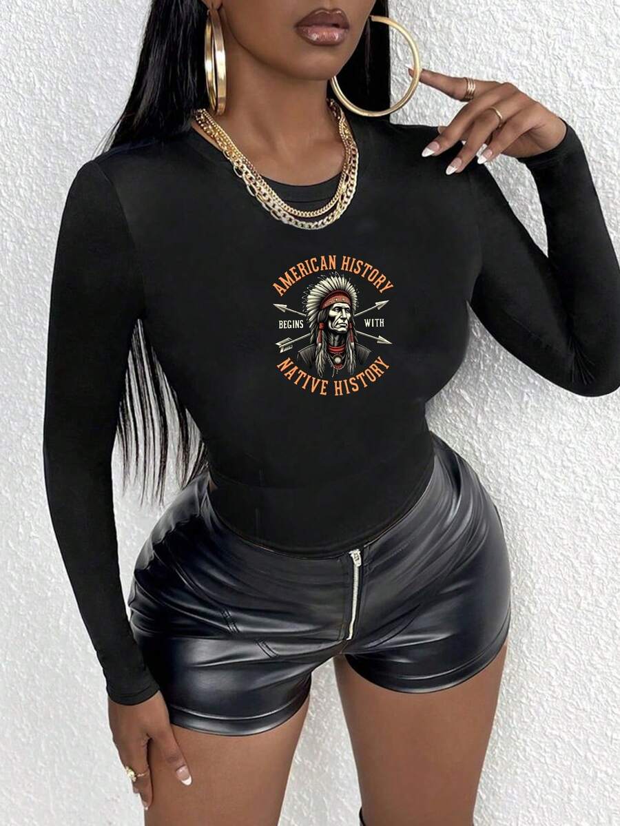 AMERICAN HISTORY BEGINS WITH NATIVE HISTORY Graphic Print Women's Y2K Slim Fit Crop Top Crew Neck Long Sleeve T-Shirt, Vintage Retro Indigenous Aesthetic Tee, Social Justice Activist Top, Back To School Clothes, Fall Winter Tops, Casual Daily Wear, Streetwear, Festival Outfit - màu đen - Xem 1