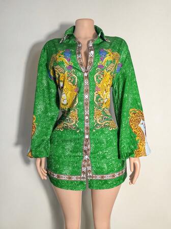 Casual Polka Dot & Anchor Print Shirt, lämplig för vår/höst