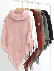 1pc Crew Neck Buttoned Solid Color Faux Fur Collar Fringed Knitted Poncho, Autumn/Winter - Multicolor - View 6