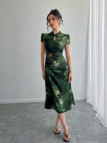 女士旗袍连衣裙，中式领，后拉链，系带腰部，花卉印花，中长款，中国风，民族风，短袖，夏季度假、聚会、节日连衣裙 - 綠色 - 查看 5