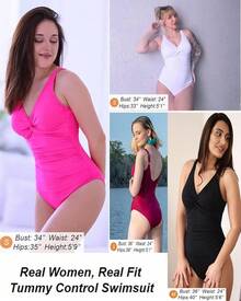 Women Tummy Control Swimsuit - Push Up Bathing Suit Full Coverage Slimming Swimwear - Hot Pink and Black - View 6