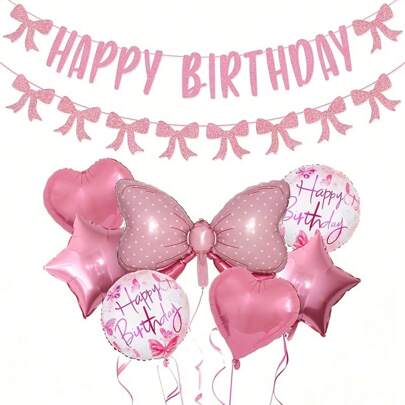 7pcs/Set Pink Bow Theme Birthday Balloon Set With "Happy Birthday" And "Birthday Celebration" Design, For Party Decor, Suitable For Mother's Day, Easter, Birthday, Confession, Valentine's Day, Graduation, And Anniversary