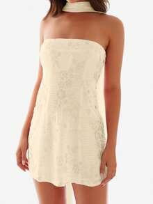 Women Sequin Beaded Sheer Tube Dress Sparkly Embroidery Strapless Rhinestone Embellished Backless Bodycon Mini Dress With Choker Scarf