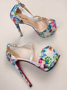 Sandali con tacco alto, stile retrò cinese, con stampa floreale, sexy e con suola spessa e arricciata in modo esagerato