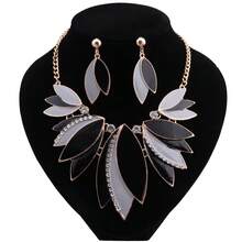 华丽紫色叶子造型项链耳环套装 - 珐琅水晶首饰套装，女士时尚派对首饰