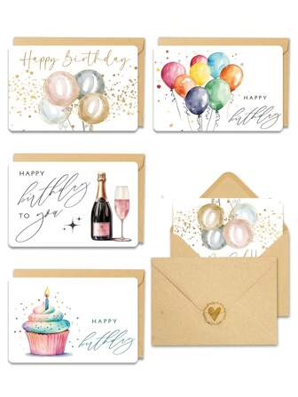 Set van 4 aquarel ballonnen en verjaardagstaart Happy Birthday-kaarten met enveloppen - Blanco notitiekaarten voor alle gelegenheden, bulkset voor familie, vrienden en collega's - pastorale thema's, effen kleur, vloermontage papieren kaarten voor Pasen, St. Patrick's Day, Valentijnsdag, lente en winter