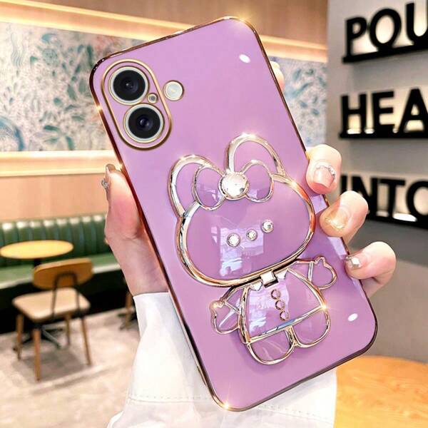 Fashionable Phone Case With Cute Rabbit Stand For Makeup Mirror,Compatible With Iphone16/15/14/13/12/11/XS/XR/XSMAX/PLUS/Galaxy A06/A03 Core/A04E/A05S/A11/A12/A13-4G/A04S/A14/A15/A16/A21S/A22-5G/A24/A25/A20/A31/A32/A33/A34/A35/A51/A52/A52S/A53/A54/A55/A71/A73/S8/S9/S10/S20/S20Ultra/S20FE/S21/ Waterproof Shockproof Anti-Fall Scratch Resistant