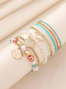 Conjunto de 8 pulseiras coloridas estilo boêmio com contas, pérolas artificiais, vieiras e tartarugas - adequado para mulheres, uso casual diário, praia, uso para festas, presente adorável