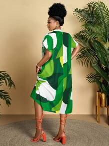 Summer Plus Plus Plus Size Women's Daily Leisure And Comfortable Vacation Geometric Print Small Stand Collar V-Neck Ruffle Sleeves Short Sleeved H-Shaped Loose Medium Long Dress (Random Pattern)