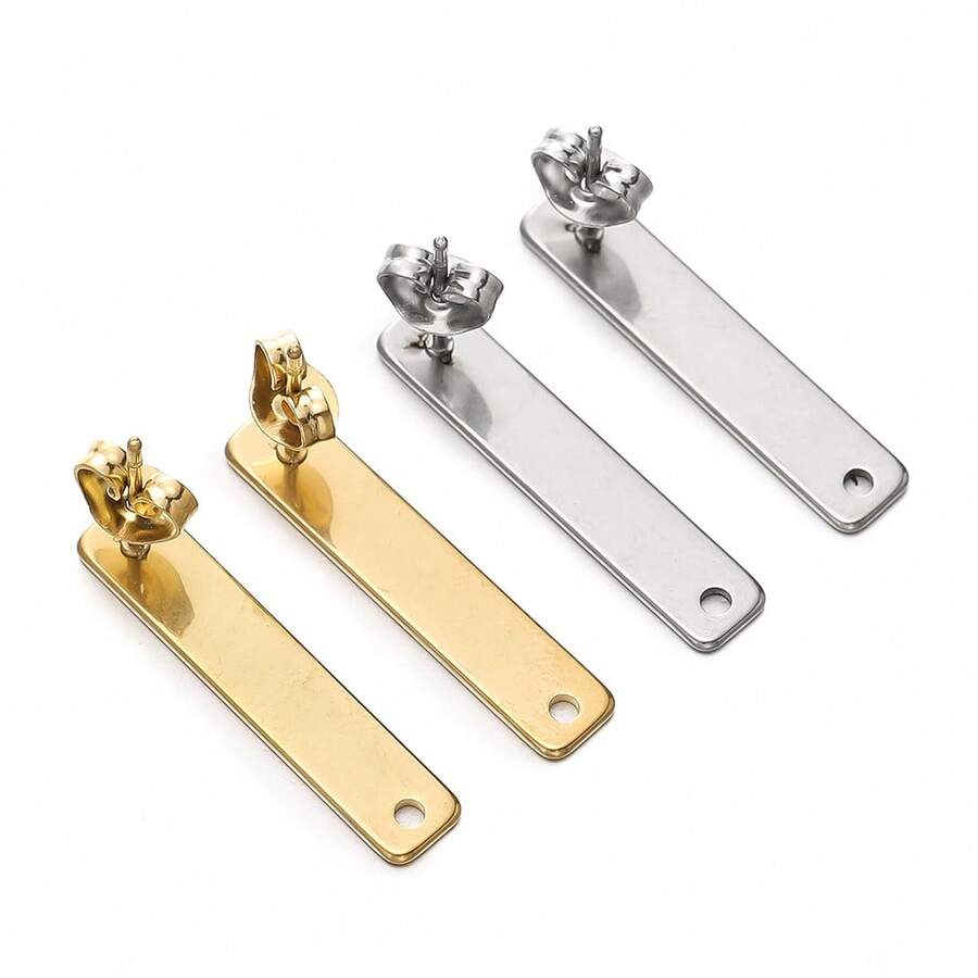 10pcs Stainless Steel Long Rectangle Post Earring Studs Base Pins With Earring Plug Ear Back For Jewelry Making DIY Supplies - Long Earrings - View 1
