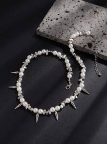 Fashionable Punk Minimalist Stainless Steel Rivet & Faux Pearl Pendant Necklace, Men's Personalized Collar Necklace, Casual Daily Party Accessories