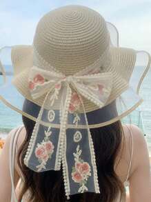 Nouveau chapeau de paille d'été de style coréen avec décoration nœud papillon, respirant. Grand bord de chapeau de soleil pour voyager, protection UV, décontracté, rétro, en polyester, convenant pour le printemps et l'été